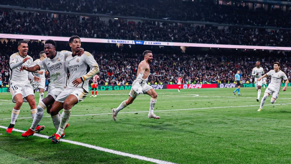 Real Madrid players celebrated after a stunning comeback at Almeria